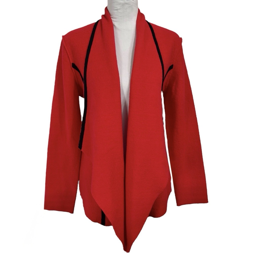 NEW Chico’s 100% Wool Waterfall Cardigan Sweater 1 Size M Black Red Knit Jacket